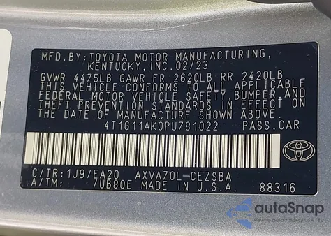 2023 Toyota Camry Se Night Shade/Se из США, поврежденный, VIN 4T1G11AK0PU781022